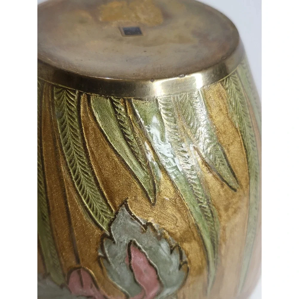 Vintage Brass Floral Vase Hand Painted Enamel Etched Made in India Boho Decor